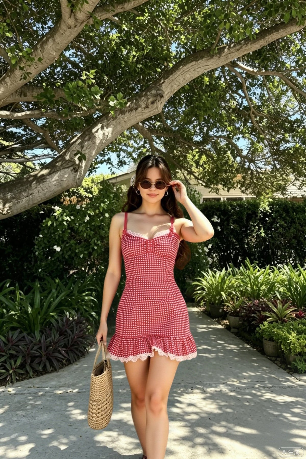 Gingham Lace Trim Sweetheart Neck Ruffle Hem Bodycon Mini Dress