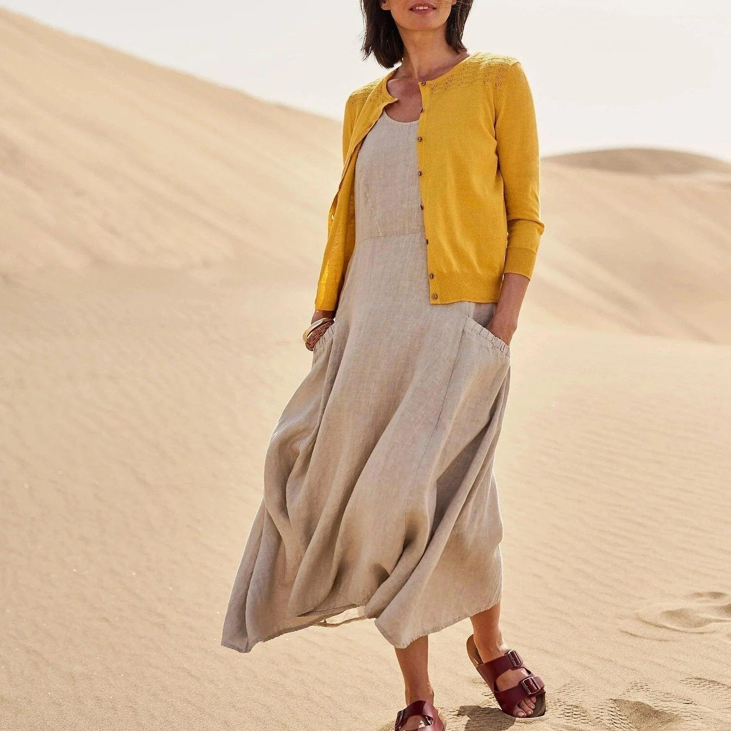 Scoop Neck Side Pocket Maxi Dress and Button Cardigan Two-Piece Set