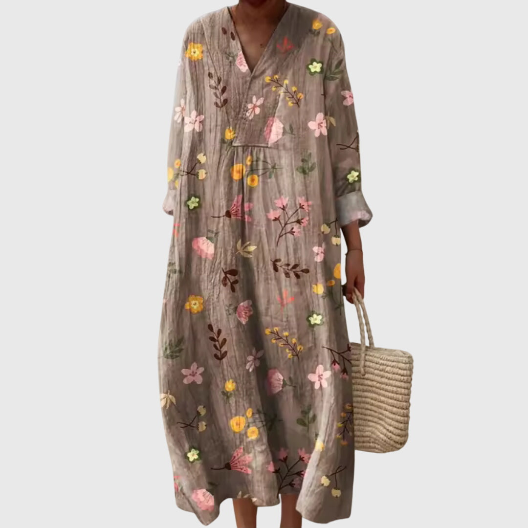 V-Neck Long Sleeve Striped Patchwork Maxi Dress