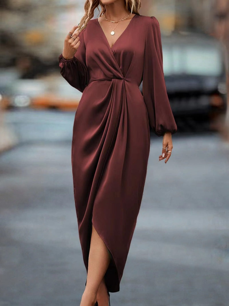 Refined Red Draped V-Neck Midi Dress
