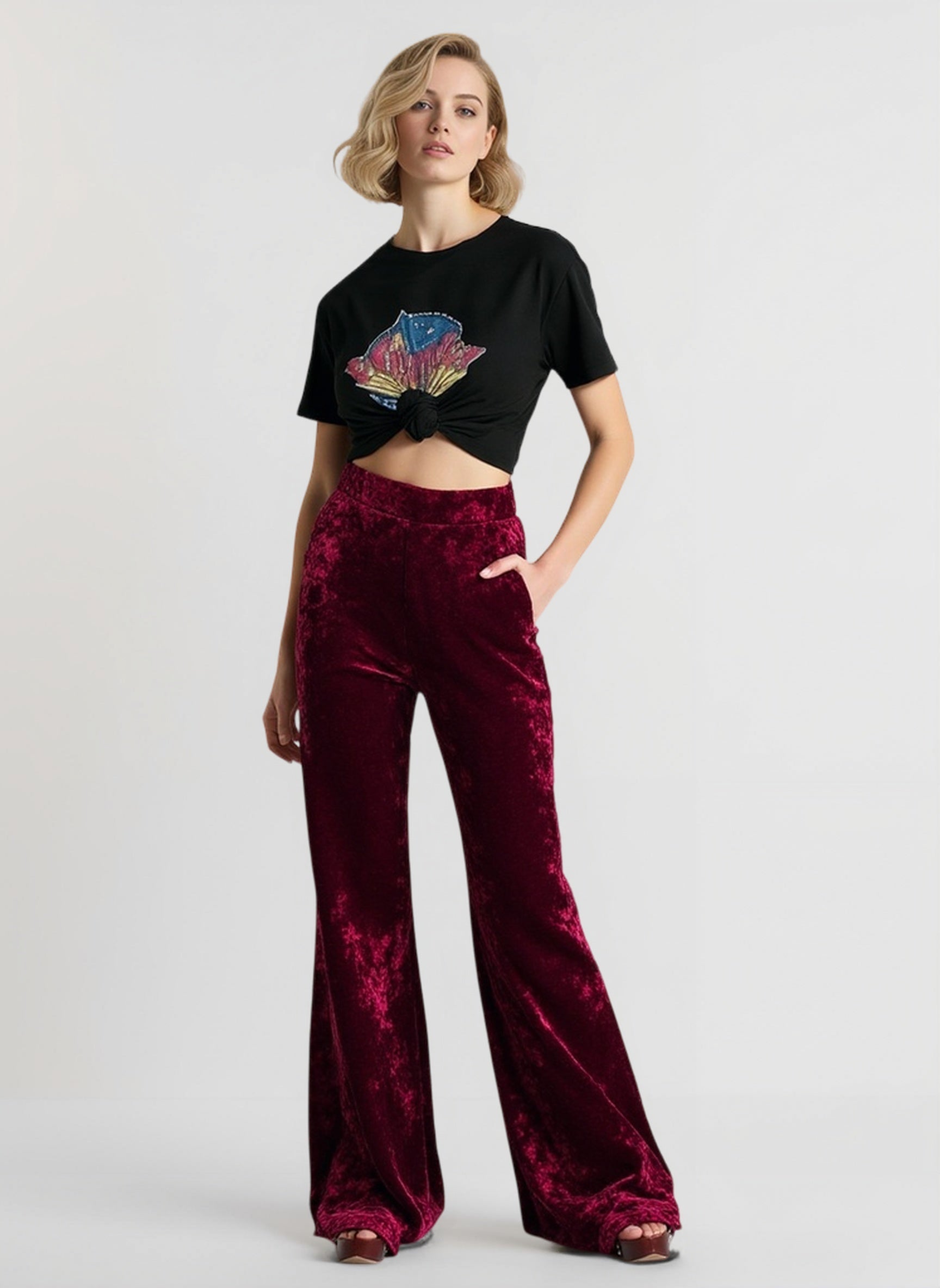 High Waist Velvet Wide Leg Velour Flare Pants