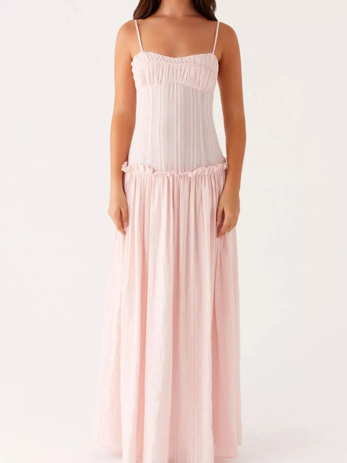 Ruched Bust Drop Waist Ruffle Trim Cami Maxi Dress 14
