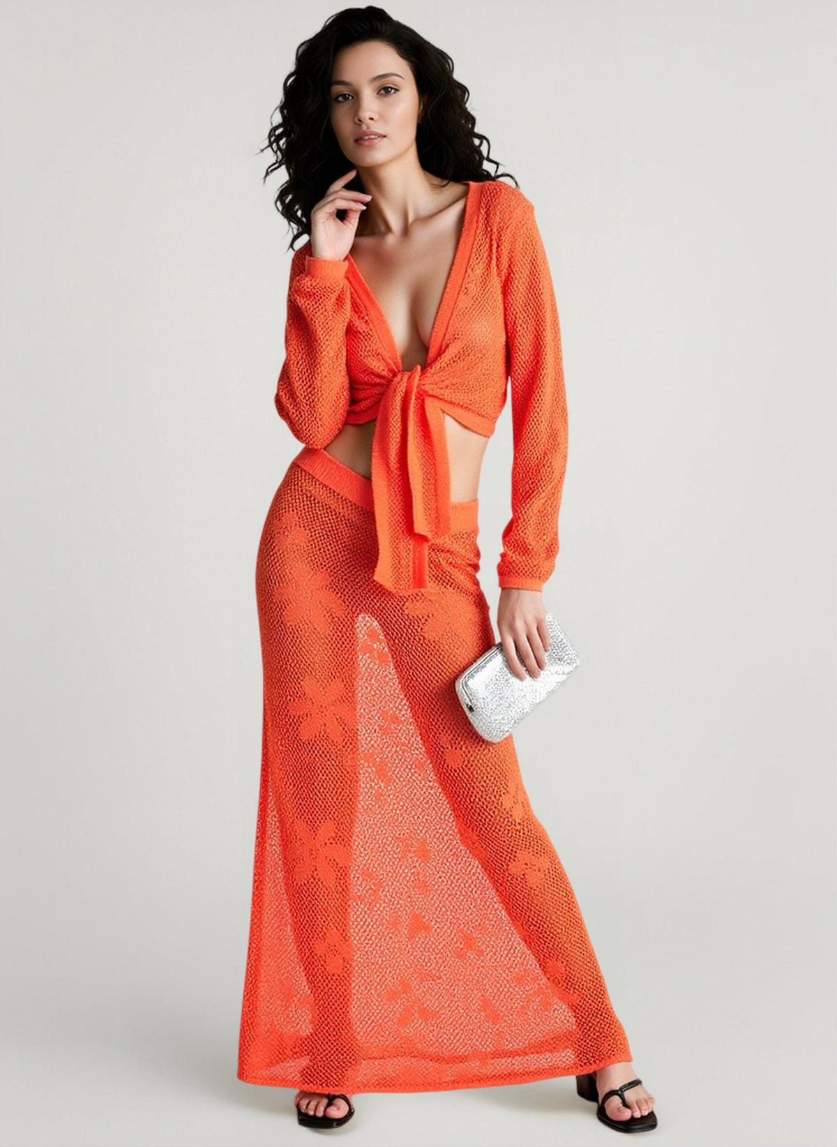 Open Knit Tie Front Long Sleeve Crop Top and Floral Crochet Maxi Skirt Two Piece Set