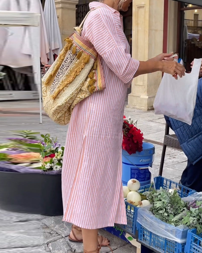 Striped Button Down Collared Three Quarter Sleeve High Split Maxi Shirt Dress