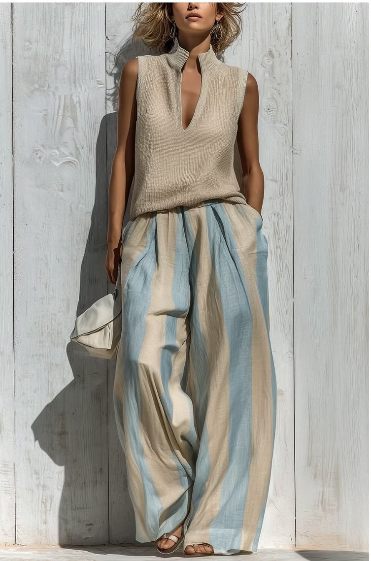 Sleeveless Knit Top and Striped Wide Leg Pants Two Piece Set