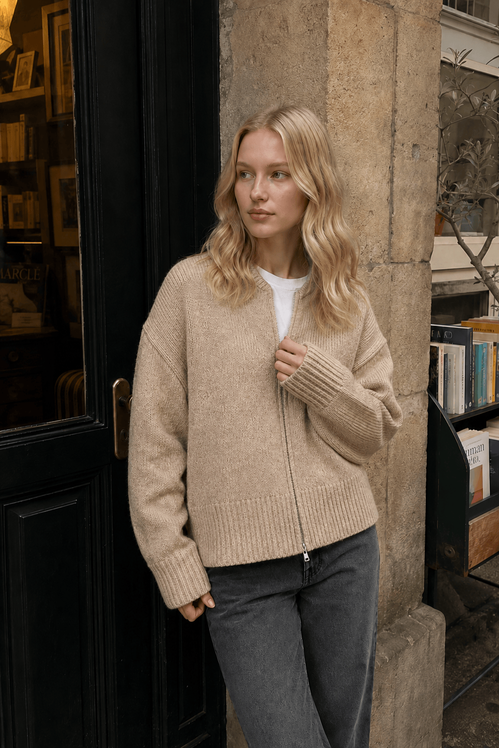 Crew Neck Long Sleeve Zip Front Relaxed Knit Cardigan 5