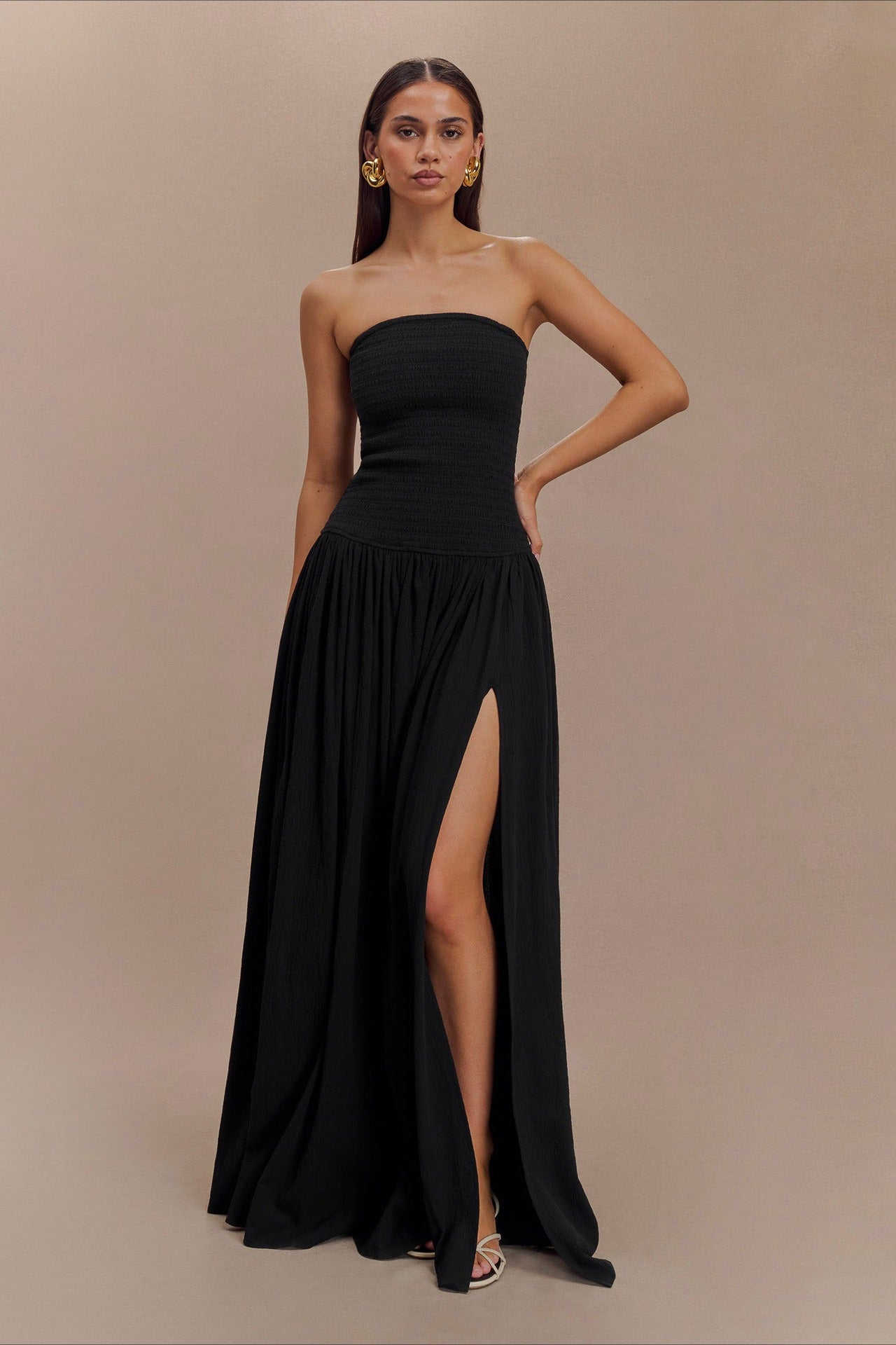 Strapless Ruched High Split Flowy Maxi Prom Dress