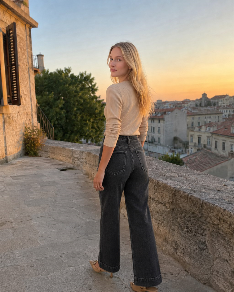 High-Waist Vintage Washed Wide-Leg Denim Jeans