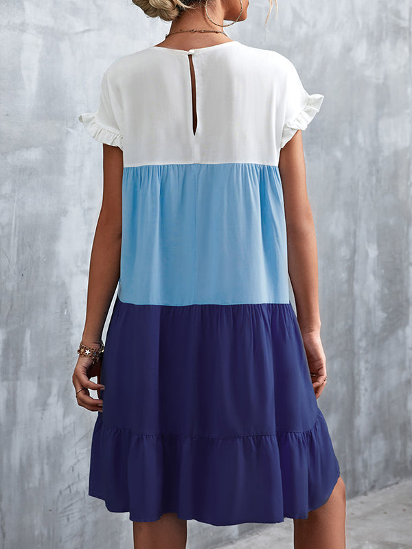 Round Neck Flutter Sleeve Tiered Babydoll Mini Dress 16