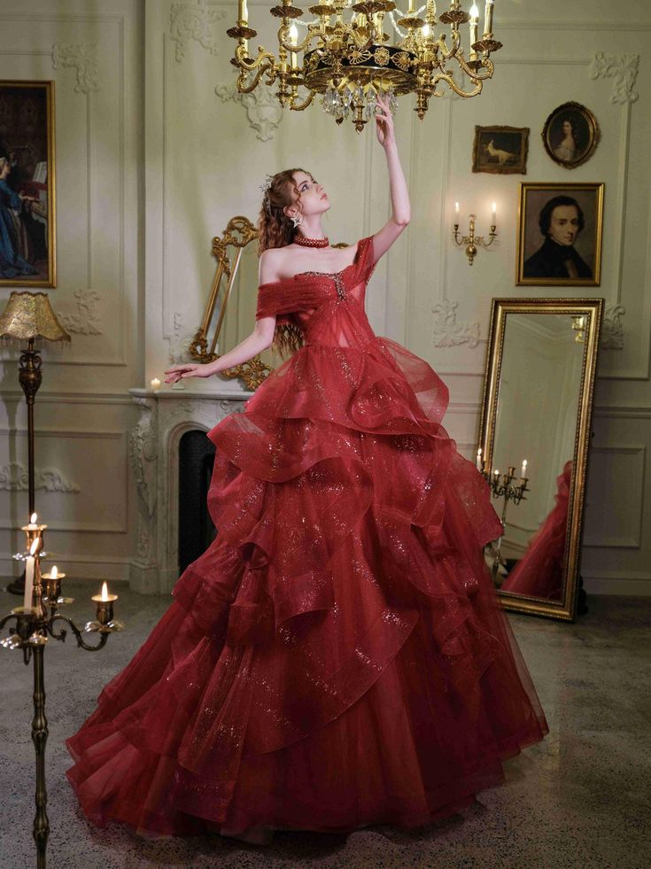 Glitter Off-Shoulder Evening Gown, Red Tulle Beaded Ball Gown Fairy Quinceanera Dress cc1702