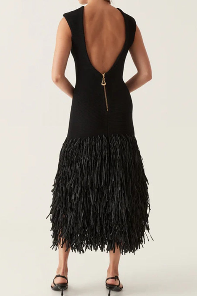 Solid Raffia Panel Knit Midi Chic Cocktail Dress in Black - View 4
