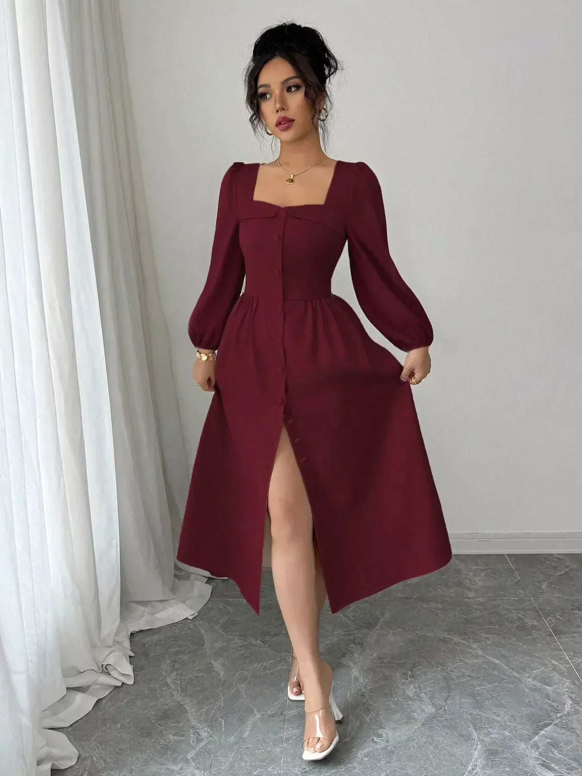 Square Neck Balloon Sleeve Button Front A-Line Midi Dress 6