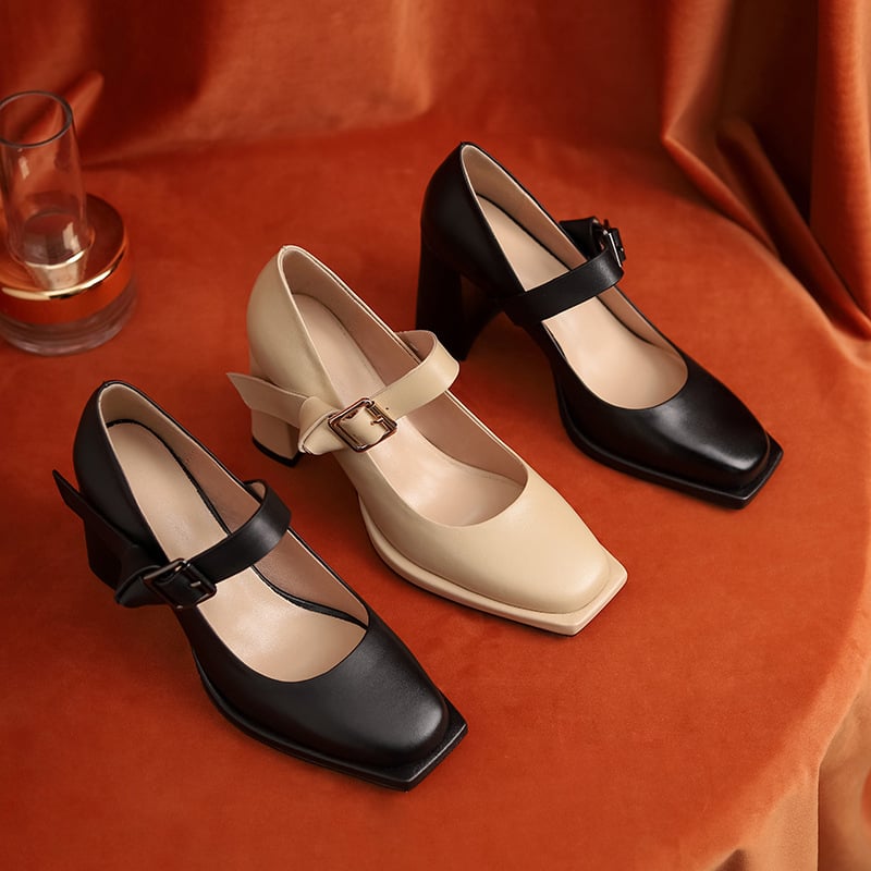Roxane Square Toe Block Heels Mary Jane Shoes