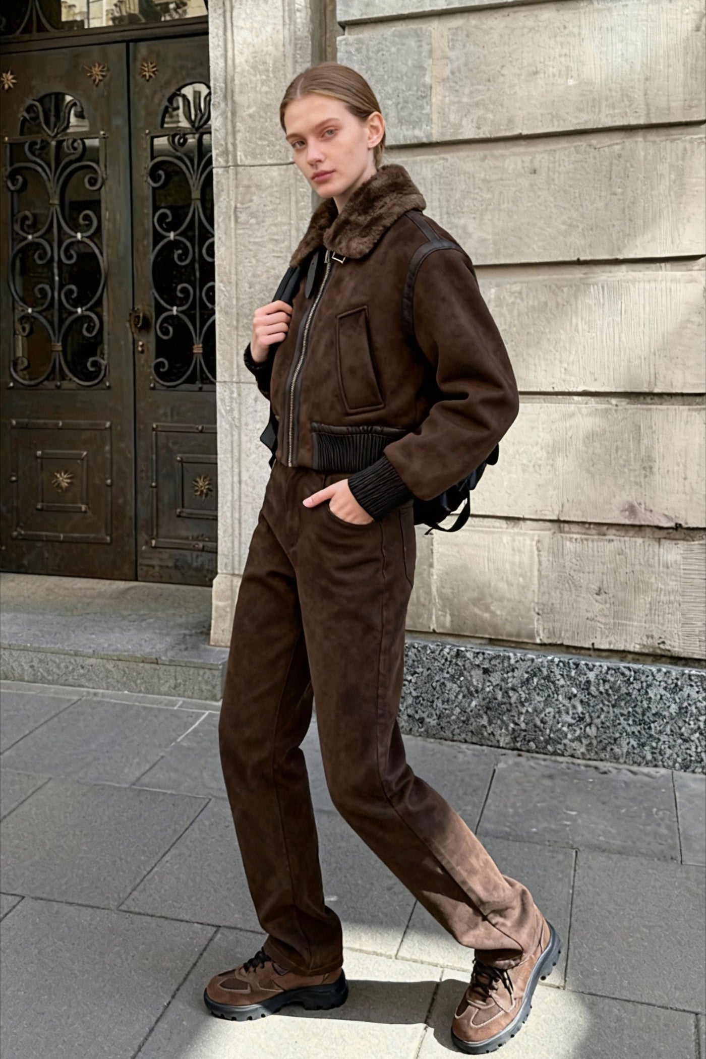 Faux Fur Collar Zip-Up Jacket