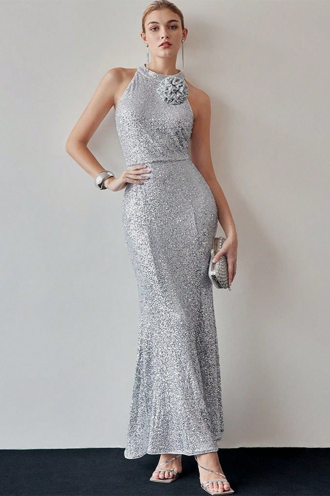 Sequin Halter Neck Rosette Mermaid Maxi Gown
