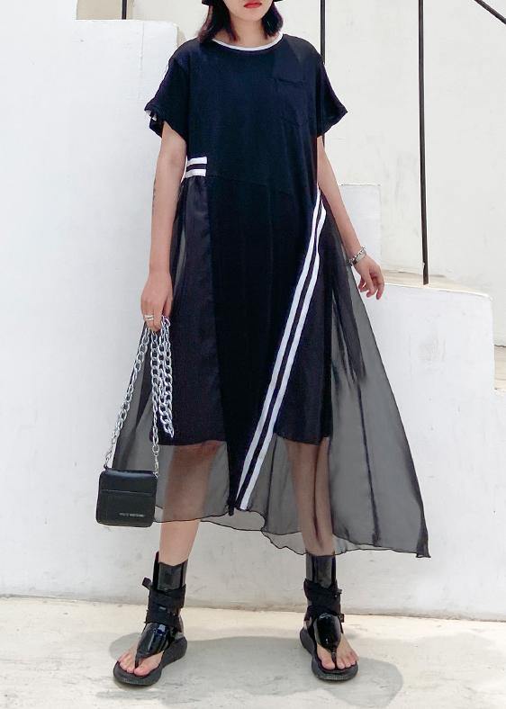 Mesh Overlay Crew Neck Short Sleeve Pocket Diagonal Stripe Midi Dress