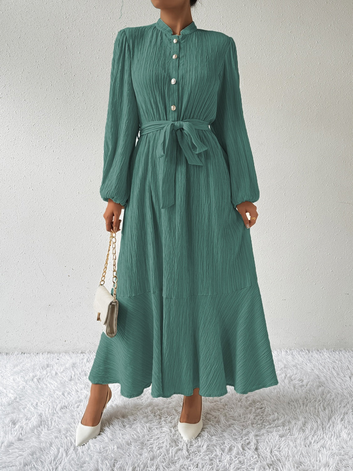 Plisse Mandarin Collar Button Front Bishop Sleeve Tie Waist Tiered Maxi Dress