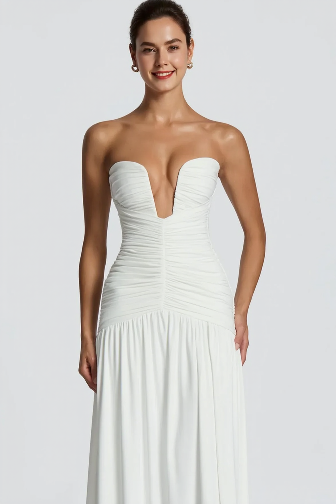 Solid Strapless High Slit Ruched Bodycon Party Dress