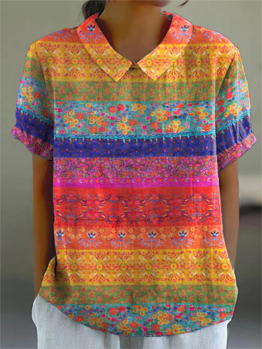Striped Floral Print Collared Short Sleeve Blouse