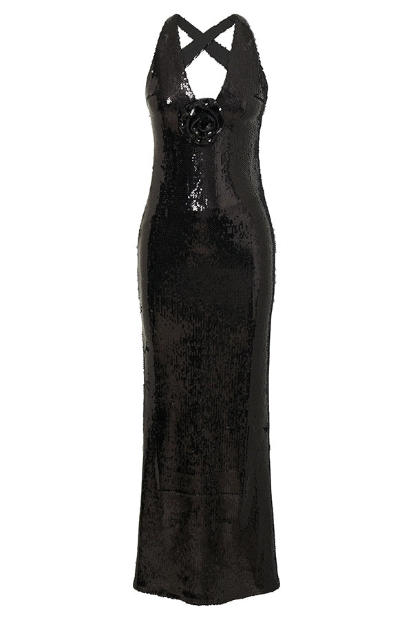 Sequin Halter Neck Floral Applique Backless Mermaid Maxi Dress