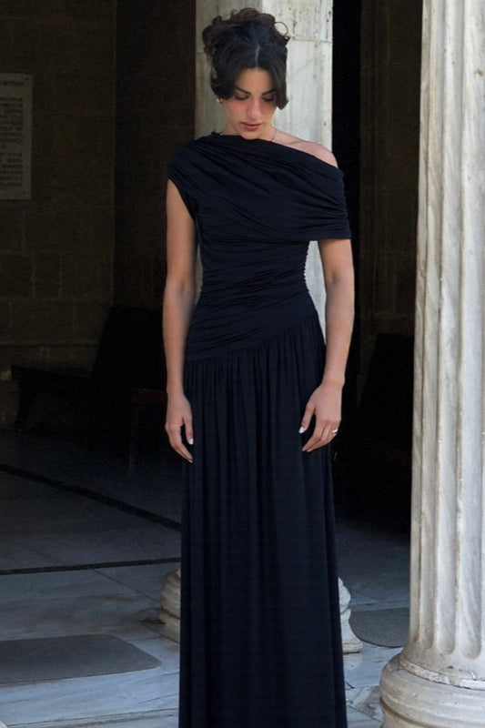 One Shoulder Ruched Draped Flowy Maxi Dress