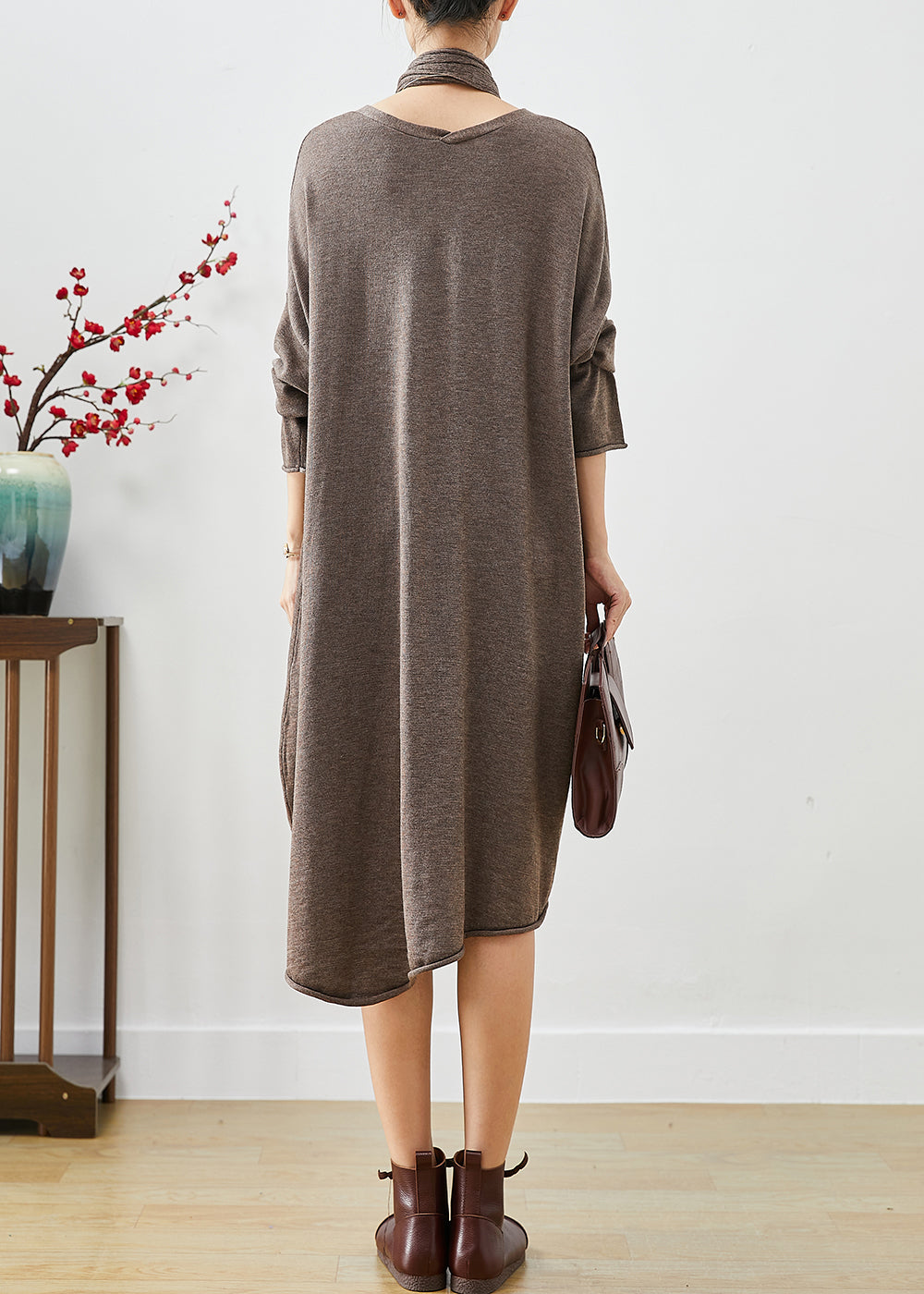 Knit Scarf Neck Long Sleeve Oversized Draped Hem Midi Sweater Dress