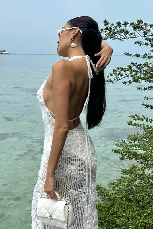 Sequin Halter Neck Deep V-Neck Keyhole Backless Maxi Dress