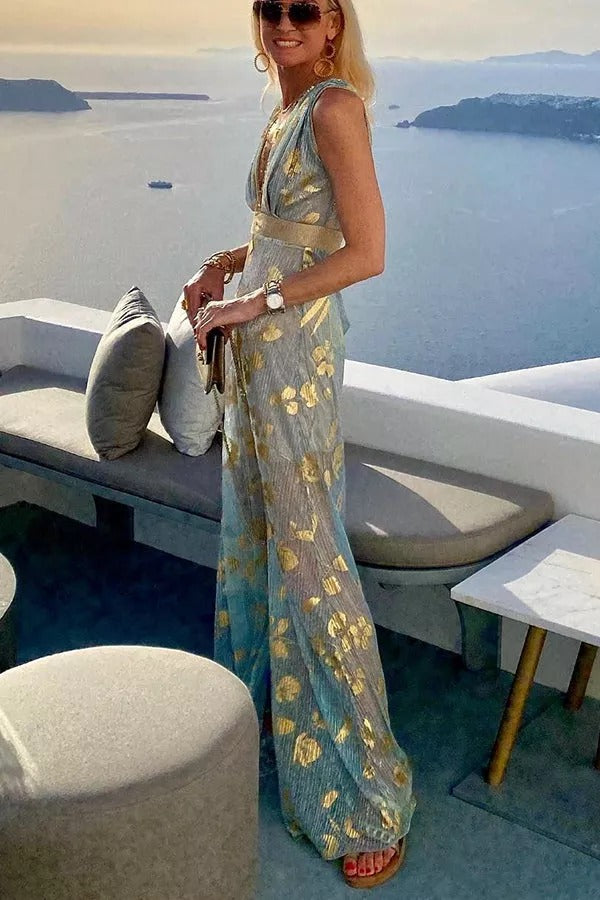 Regina Minimalist Golden Sunset Stories V Neck Maxi Dress Boutique Collection