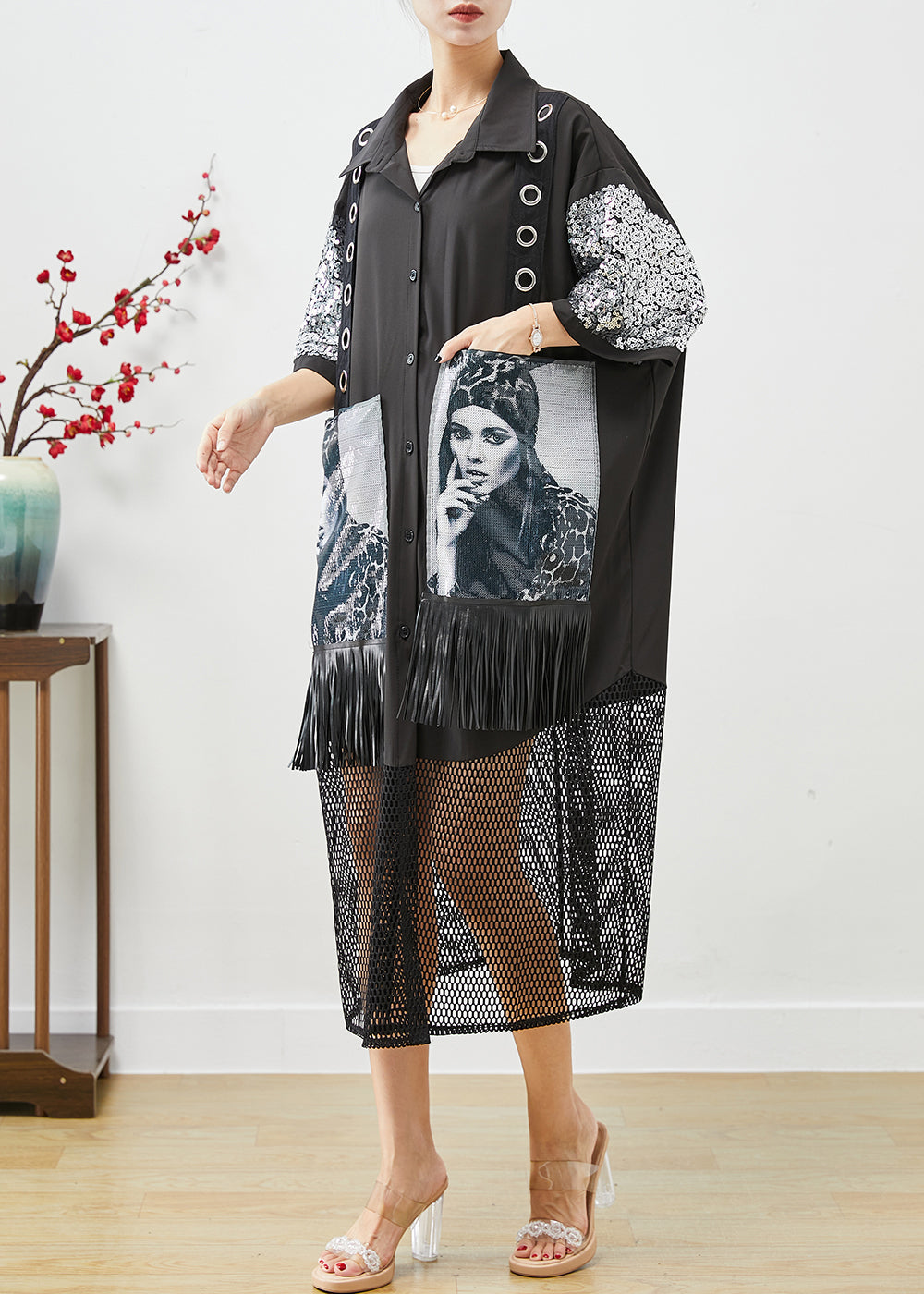Sequin Sleeve Grommet Strap Graphic Print Fringe Mesh Hem Shirt Dress