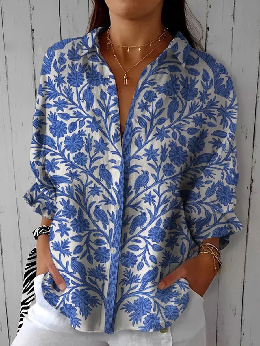 Floral Print Band Collar Long Sleeve Button Front Blouse