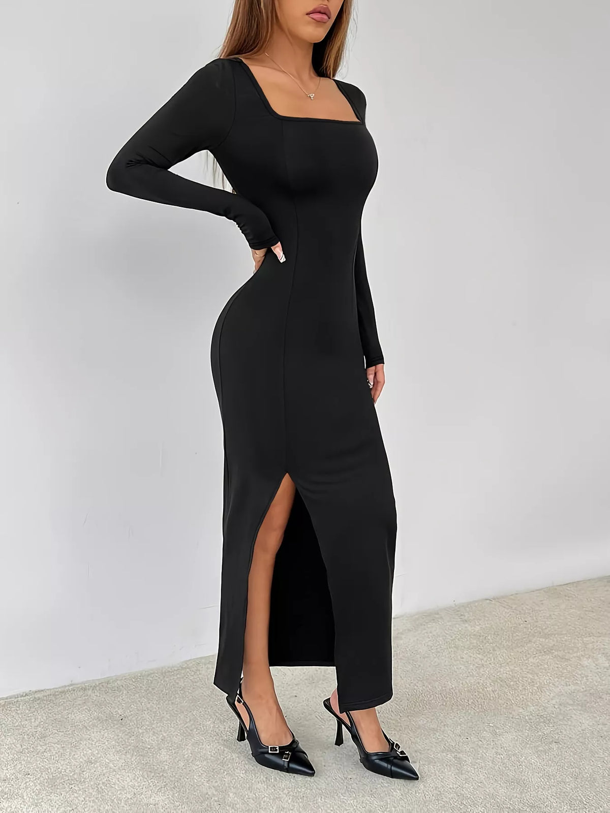 Square Neck Long Sleeve Front Split Bodycon Maxi Dress 4