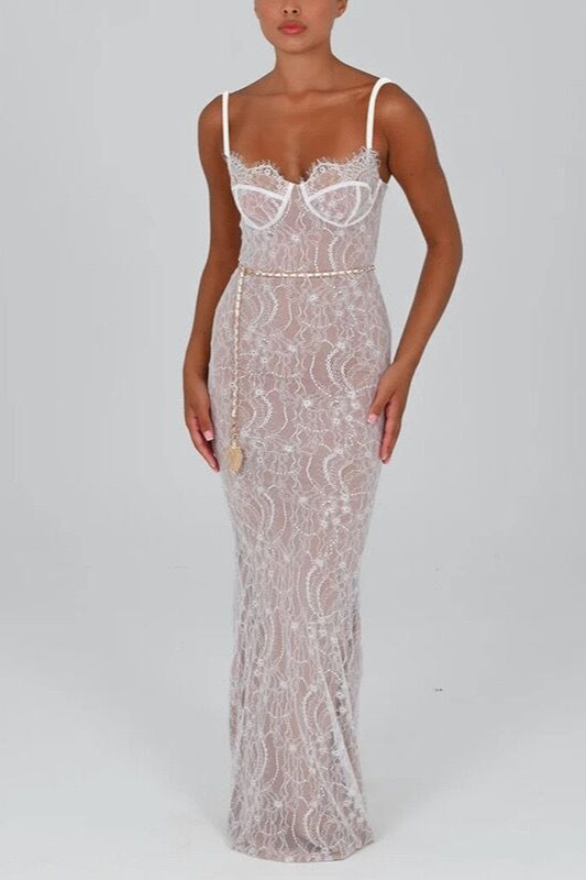 Lace Sweetheart Spaghetti Strap Sheer Mermaid Maxi Dress