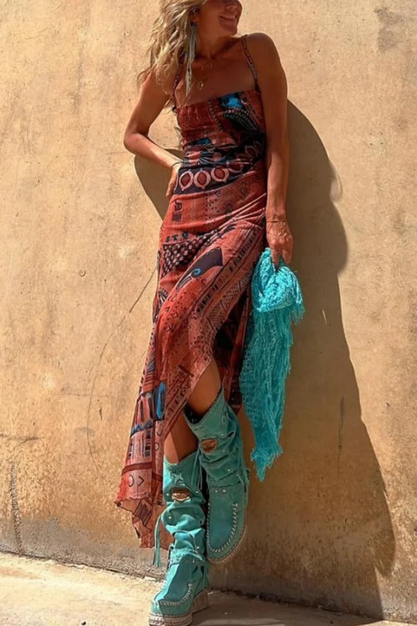 Backless Lace Up Fringe High Split Boho Maxi Dress