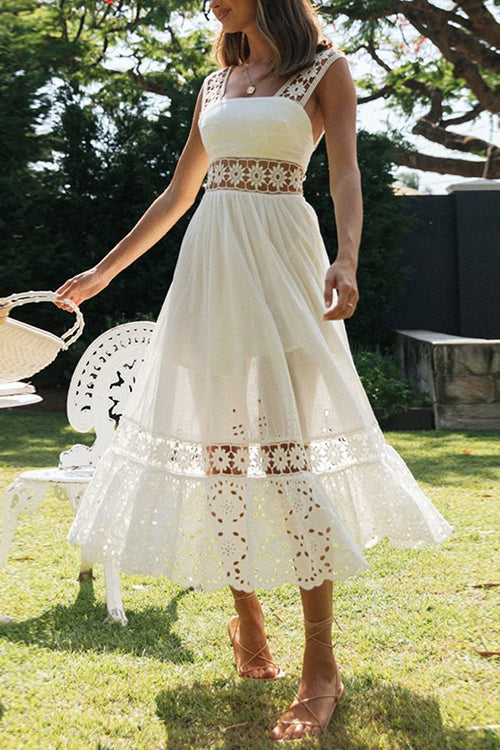 Square Neck Sleeveless Eyelet Lace Crochet Waist Pleated Tiered Ruffle Hem Midi Dress