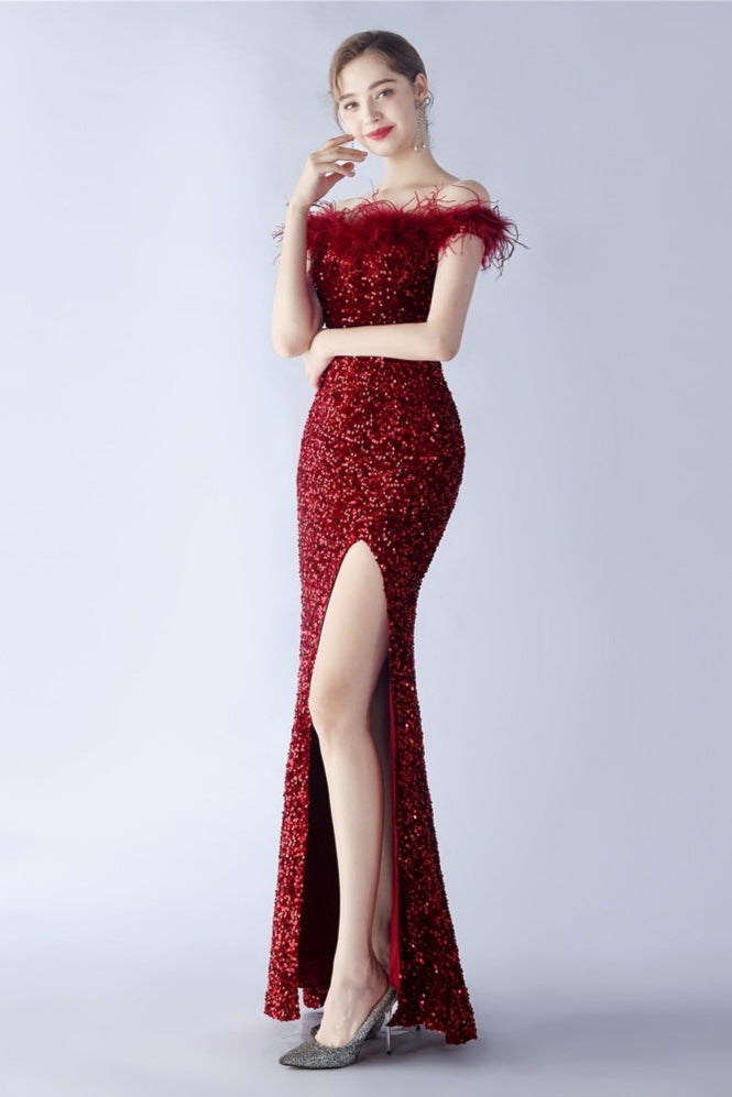 Sequin Off Shoulder Feather Trim High Split Mermaid Gown