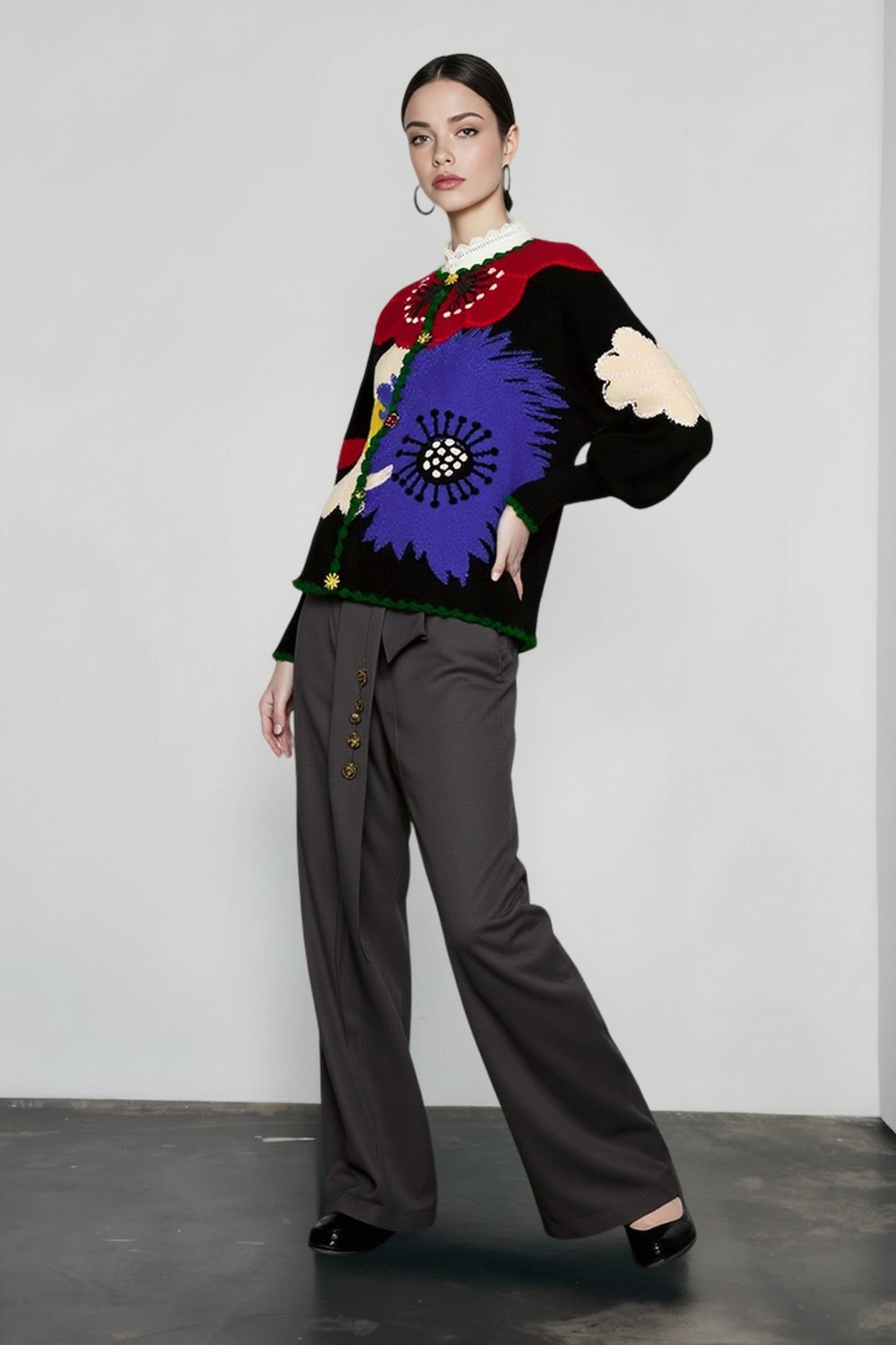 Vintage Floral Embroidered Knit Cardigan