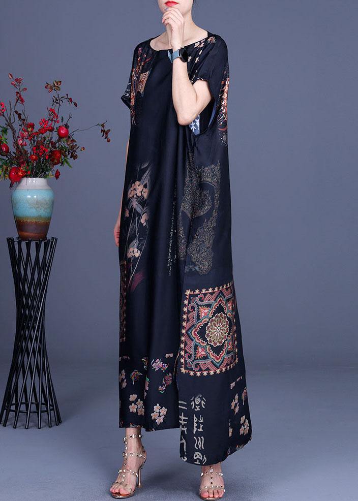Floral Calligraphy Print Short Sleeve Kaftan Maxi Dress