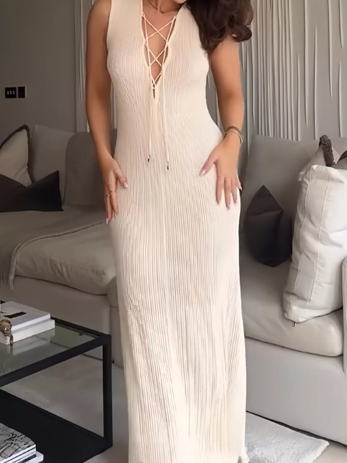 Ribbed Knit Lace Up Plunge V-Neck Sleeveless Bodycon Maxi Dress