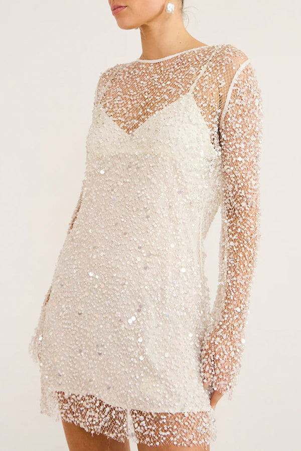 Sequin Pearl Long Sleeve Sheer Mini Dress