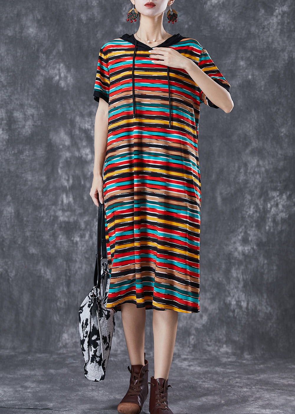 Hooded Short Sleeve Brushstroke Stripe Print Shift Dress