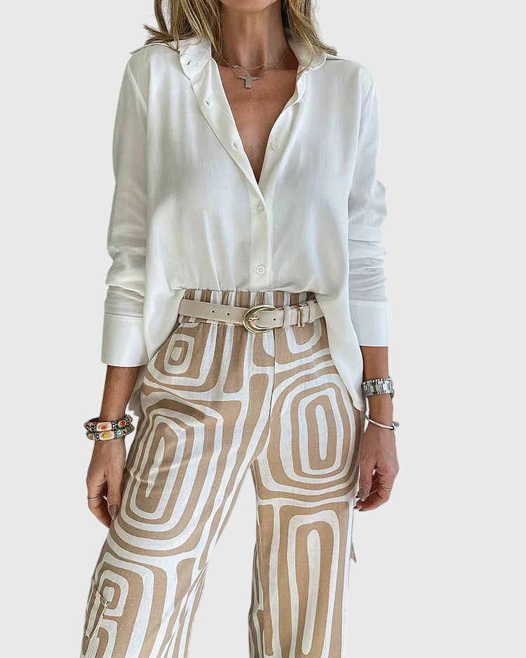 Long Sleeve Shirt and Geometric Print Wide Leg Pants Two Piece Set
