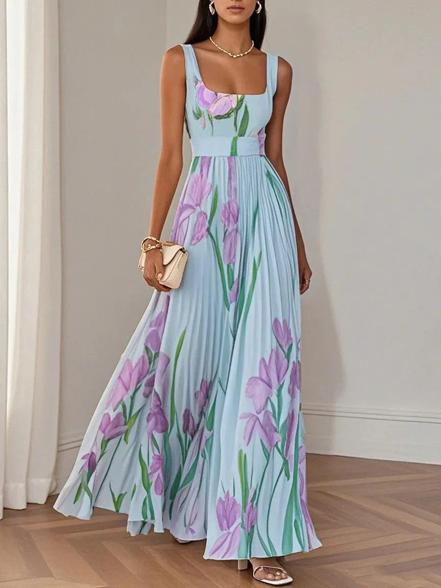 White Pleated Floral Chiffon Square Neck Sleeveless A-Line Maxi Dress Blue