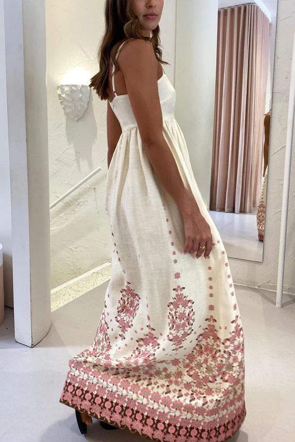 Linen Blend Floral Print Sleeveless A-Line Maxi Dress