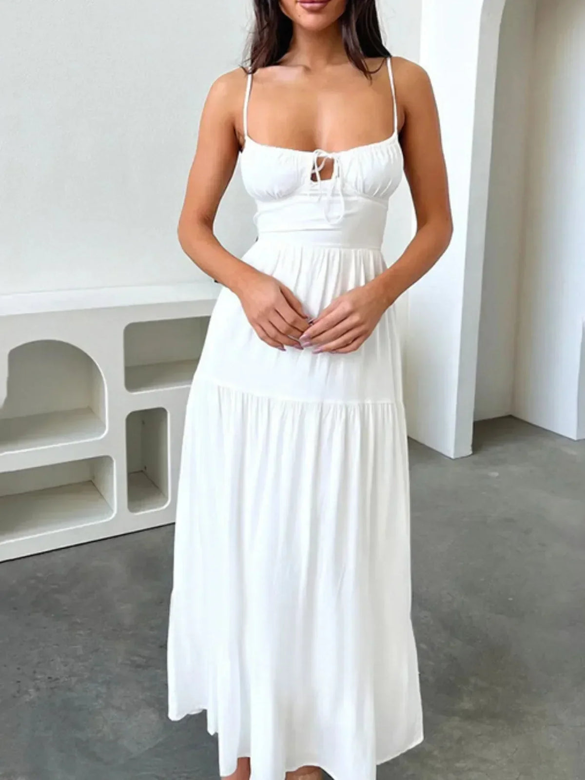 Tiered Lace Up Spaghetti Straps Maxi Dress