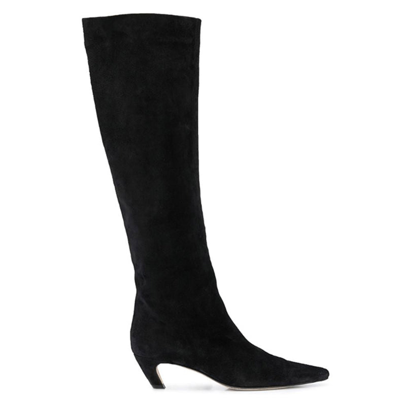 Kitten Heel Wide-Shaft Boots In Black/Brown/ Blue Stretch Velvet - Women Knee-high Boots