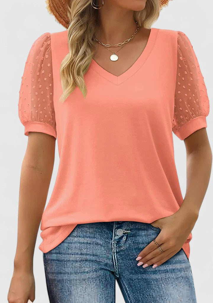 V-Neck Swiss Dot Mesh Puff Short Sleeve Top