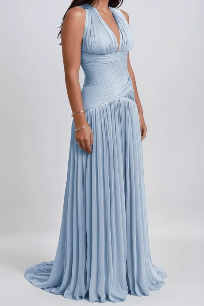 Halter Deep V-Neck Ruched A-Line Maxi Gown - View 2