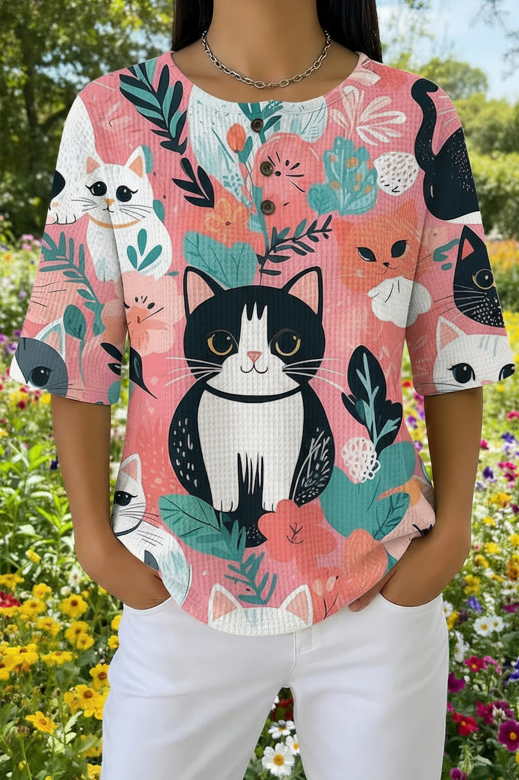 Cartoon Cat Floral Print Henley Waffle Knit Top
