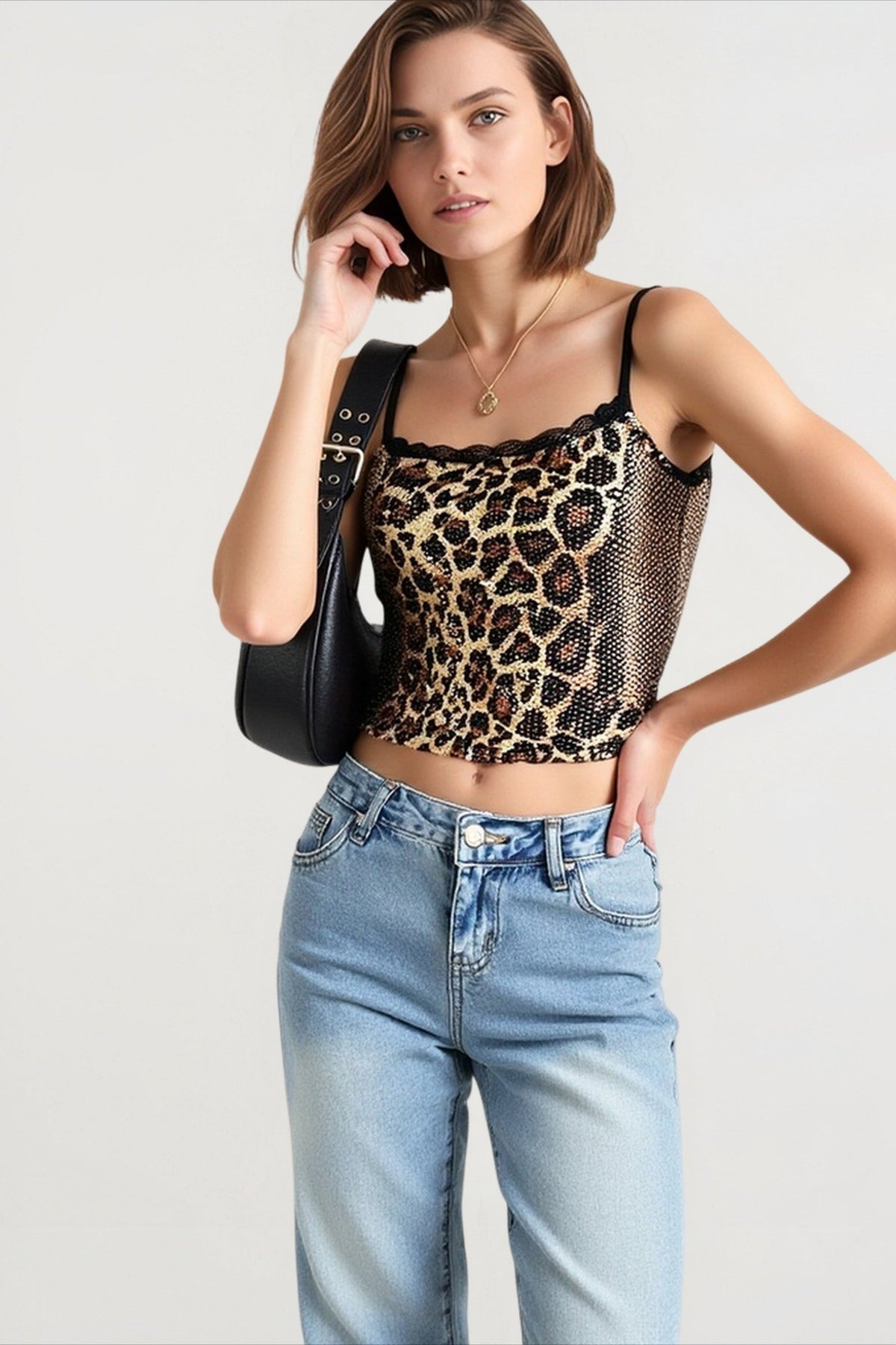 Leopard Print Sequin Lace Trim Square Neck Cropped Cami Top