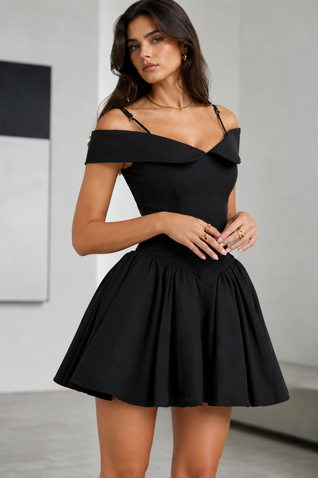 Off Shoulder Lapel Waist Cinch Ballet A Line Slip Dress
